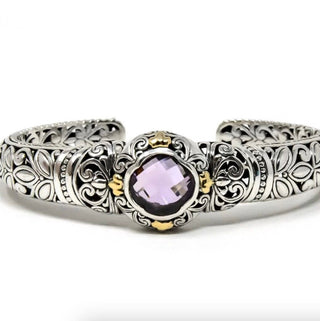 BALI TREASURES Amethyst Floral Filigree Sterling Silver 7.5-Inch Hinged Cuff Bracelet With 18K Gold Accent