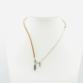 PANDORA 11-Inch Adjustable Tan Leather Choker With Sterling Silver Feather Pendant 397197CGT-38 - Retired