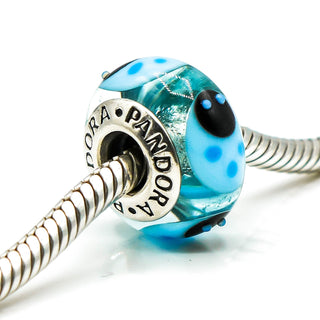 PANDORA RARE Blue Ladybugs Murano Glass Charm With Sterling Silver Core