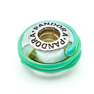PANDORA Clear Teal Ribbon Murano Glass Sterling Silver Charm