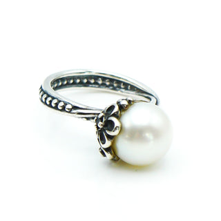PANDORA Size 4.5 (48) Garden Odyssey Sterling Silver Ring With Cultured Pearl & Black CZ