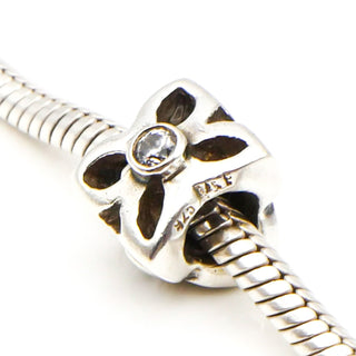 PANDORA Four Petal Flower Sterling Silver Charm With Clear Zirconia