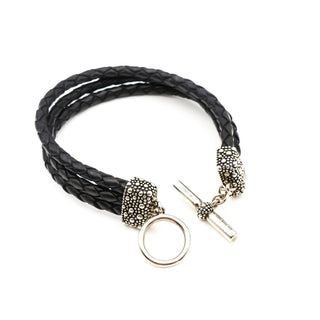 MICHAEL DAWKINS 8-Inch Starry Night Braided Black Leather & Sterling Silver Toggle Bracelet
