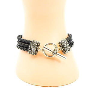 MICHAEL DAWKINS 8-Inch Starry Night Braided Black Leather & Sterling Silver Toggle Bracelet