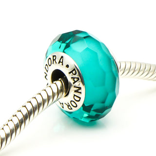 PANDORA Teal Fascinating Faceted Murano Glass Sterling Silver Charm Bead
