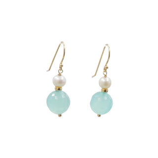 14K Yellow Gold Chalcedony Pearl 1.25 Inch Dangle Earrings