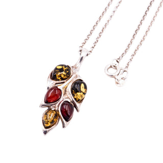 Sterling Silver Baltic Amber Multicolor Leaf 18 Inch Pendant Necklace