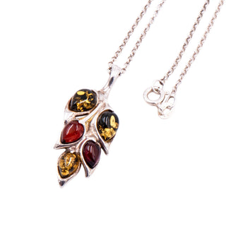 Sterling Silver Baltic Amber Multicolor Leaf 18 Inch Pendant Necklace