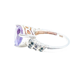 Sterling Silver Purple Triangular Cubic Zirconia & Black Tourmaline Stone Ring Size 8