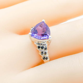 Sterling Silver Purple Triangular Cubic Zirconia & Black Tourmaline Stone Ring Size 8