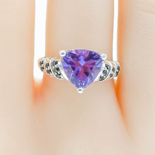 Sterling Silver Purple Triangular Cubic Zirconia & Black Tourmaline Stone Ring Size 8