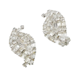 Kramer Rhinestone Clip Earrings Clear Marquis Baguette Vintage 1.5"