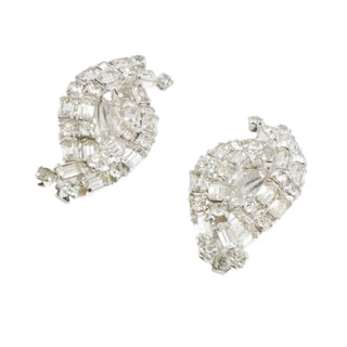 Kramer Rhinestone Clip Earrings Clear Marquis Baguette Vintage 1.5"