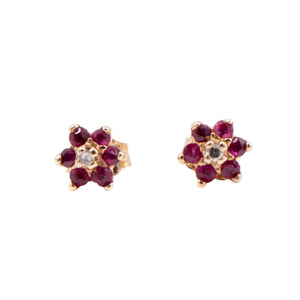 14K Yellow Gold 1/4 Inch Natural Ruby Diamond Flower Stud Earrings