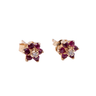 14K Yellow Gold 1/4 Inch Natural Ruby Diamond Flower Stud Earrings