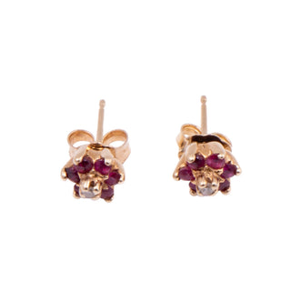 14K Yellow Gold 1/4 Inch Natural Ruby Diamond Flower Stud Earrings