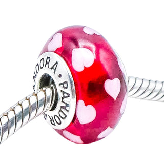 Pandora Sweethearts Red Murano Glass Sterling Silver Charm With Pink Hearts