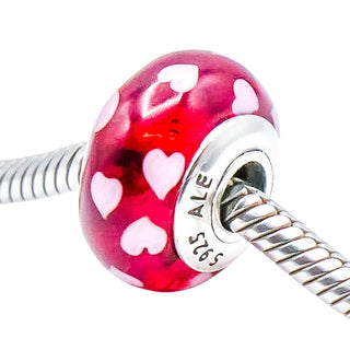 Pandora Sweethearts Red Murano Glass Sterling Silver Charm With Pink Hearts