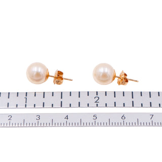 14K Yellow Gold 8mm White Akoya Pearl Stud Earrings