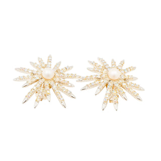Vintage Emmons Starburst AB Crystal Pearl Clip Earrings 1.75”