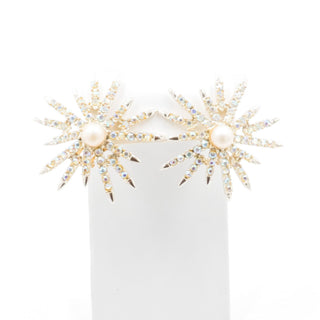 Vintage Emmons Starburst AB Crystal Pearl Clip Earrings 1.75”