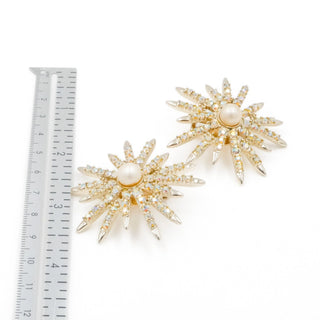 Vintage Emmons Starburst AB Crystal Pearl Clip Earrings 1.75”