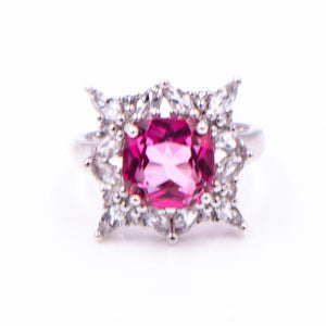 Sterling Silver 3ct Pink Sapphire White Spinel Halo Statement Ring Size 6.75