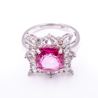 Sterling Silver 3ct Pink Sapphire White Spinel Halo Statement Ring Size 6.75