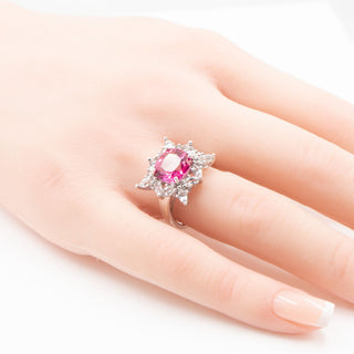 Sterling Silver 3ct Pink Sapphire White Spinel Halo Statement Ring Size 6.75