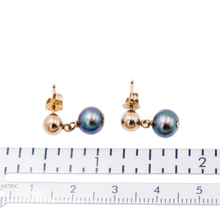 14K Yellow Gold 1/2 Inch Tahitian Pearl Stud Drop Earrings