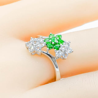 Chrome Diopside White Topaz Three Flower Ring Sterling Silver Size 8