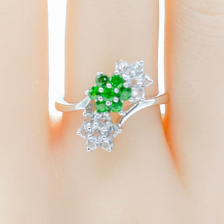 Chrome Diopside White Topaz Three Flower Ring Sterling Silver Size 8
