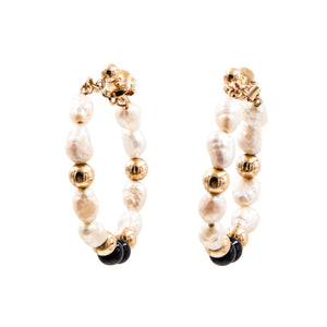 14K Yellow Gold Baroque Pearl Black Onyx 1.25 Inch Hoop Earrings