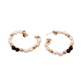 14K Yellow Gold Baroque Pearl Black Onyx 1.25 Inch Hoop Earrings