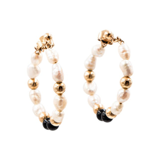 14K Yellow Gold Baroque Pearl Black Onyx 1.25 Inch Hoop Earrings