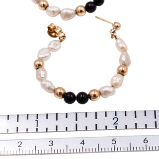 14K Yellow Gold Baroque Pearl Black Onyx 1.25 Inch Hoop Earrings