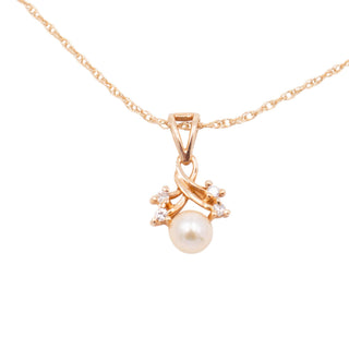 14K Yellow Gold 18 Inch Akoya Pearl & Diamond Pendant Necklace
