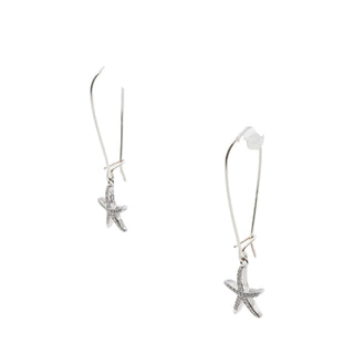 Sterling Silver Starfish Drop Earrings CZ Dangle Beach Ocean French Wire 2 Inch Dangle