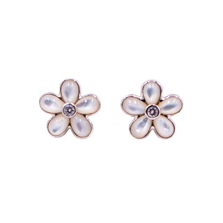 18K White Gold Diamond Moonstone Flower Stud Earrings 14mm Estate Fine Jewelry