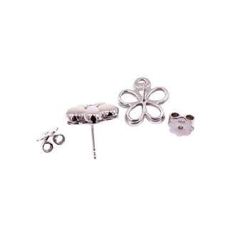 18K White Gold Diamond Moonstone Flower Stud Earrings 14mm Estate Fine Jewelry