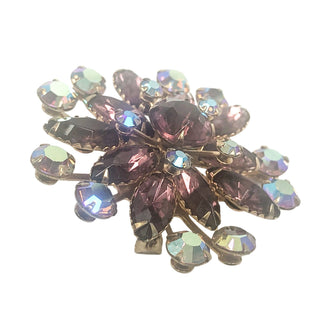 Vintage Unsigned Gold Tone Flower Brooch With Unfoiled Purple and AB Rhinestones