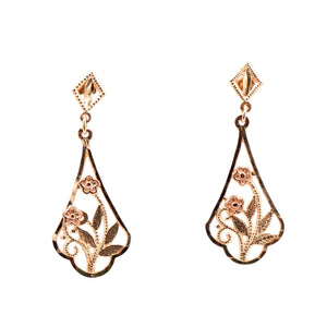 Two-Tone 10K Gold Filigree Flower 1 1/4 Inch Dangle Earrings