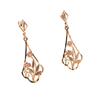 Two-Tone 10K Gold Filigree Flower 1 1/4 Inch Dangle Earrings