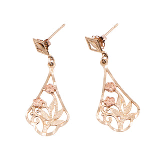 Two-Tone 10K Gold Filigree Flower 1 1/4 Inch Dangle Earrings