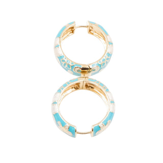 White Floral Blue Enamel Gold Plated Hoop Earrings With CZ