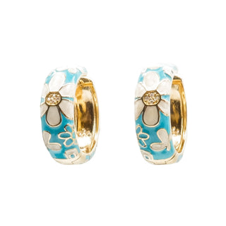 White Floral Blue Enamel Gold Plated Hoop Earrings With CZ