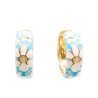 White Floral Blue Enamel Gold Plated Hoop Earrings With CZ