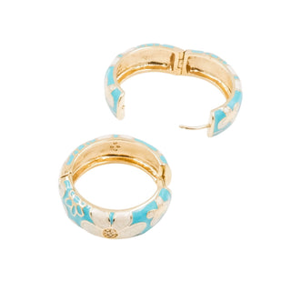 White Floral Blue Enamel Gold Plated Hoop Earrings With CZ