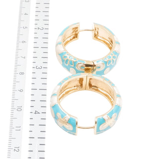 White Floral Blue Enamel Gold Plated Hoop Earrings With CZ