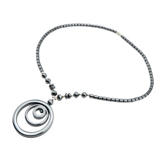 Hematite Spiral Pendant Necklace Silver Tone Beads 18 Inch Modern Minimalist